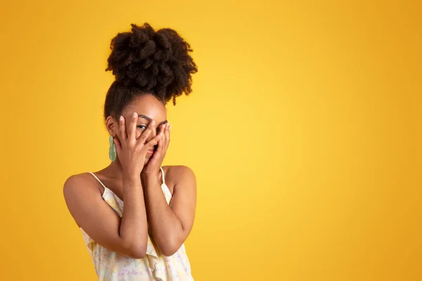 Smiling Embarrassed Shy Millennial African American Lady Dress Covering Face — Stock Photo, Image