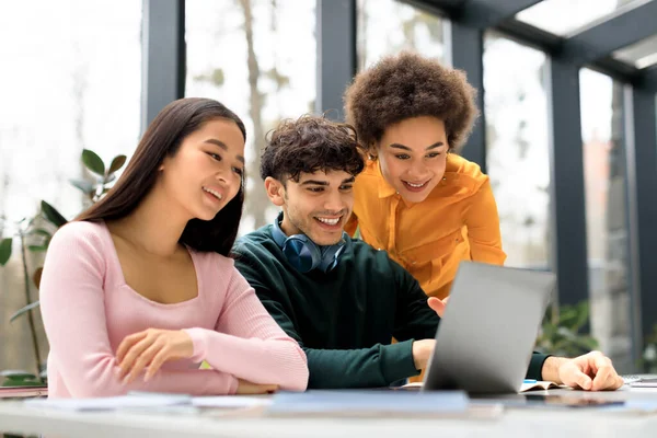 Happy International Students Studying Coworking Space Enjoying Results Project Looking — Stock Photo, Image