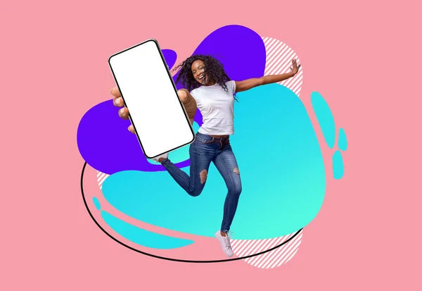 Захоплена Чорна Жінка Jumping Big Blank Smartphone Hand Colorful Abstract — стокове фото