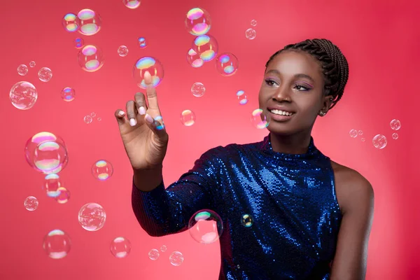 Beautiful Young Black Woman Wearing Party Dress Touching Soap Bubble — Stock Photo, Image