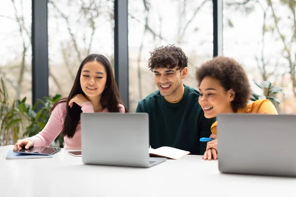 Happy College Students Sharing Laptop Watching Presentation Design Project Together — Stock Photo, Image