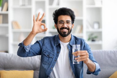 Neşeli, yakışıklı, elinde bir bardak su tutan ve evinde dinlenirken kameraya el hareketi yapan, gülümseyen, kanepede oturan ve sağlıklı içeceklerin keyfini çıkaran yakışıklı Hintli adam.