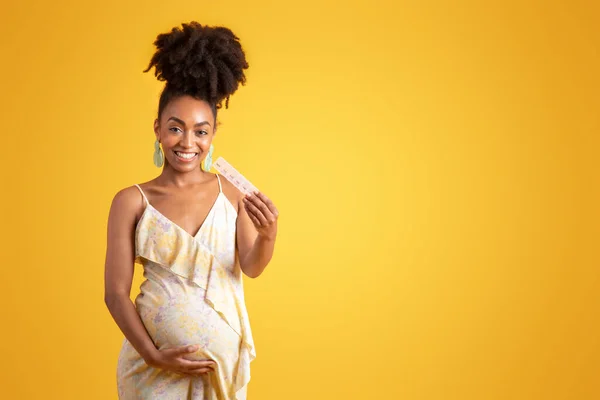 Happy Millennial African American Lady Big Belly Showing Organizer Vitamin — Stock Photo, Image