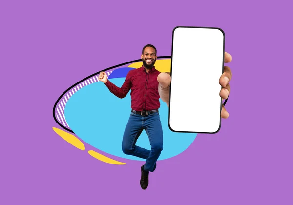 Mobilna Makieta Wesoły Black Man Jumping Blank Smartphone Hand Abstract — Zdjęcie stockowe