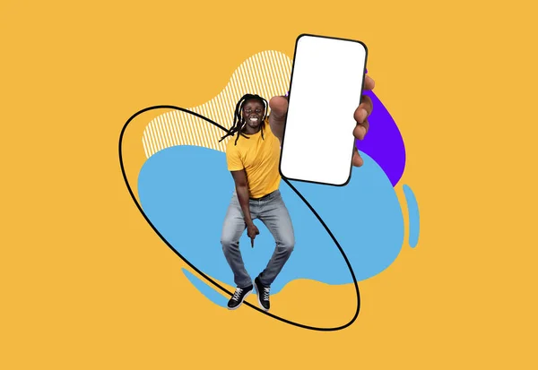 抽象的なカラフルな背景 幸せな若いアフリカ系アメリカ人男性広告新しいアプリやウェブサイト クリエイティブコラージュ モックアップを飛び越える手でビッグブランクスマートフォンを持つ興奮した黒人男性 — ストック写真