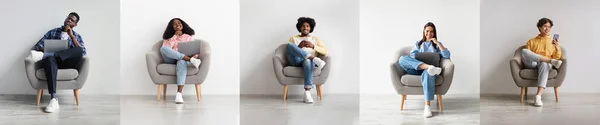 stock image Online Offer. Collage With Happy And Pensive Diverse People Using Laptops And Phones Sitting In Armchairs Indoor. Panorama, Five Young Men And Women Websurfing With Different Emotions