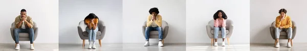 Негативні Емоції Колаж Групою Різноманітних Депресивних Молодих Чоловіків Жінок Сидять — стокове фото