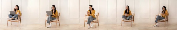 Інтернет Дозвілля Колаж Щасливою Японською Леді Розслабляється Кріслі Ноутбуком Комп — стокове фото