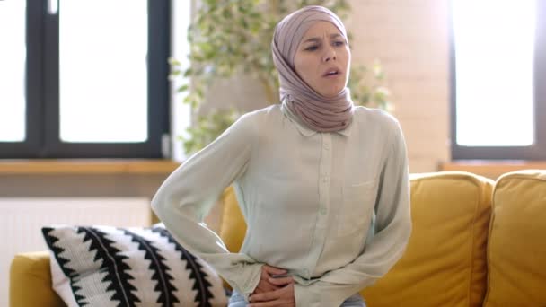 Female Health Problem Young Muslim Lady Wearing Headscarf Suffering Sudden — стокове відео