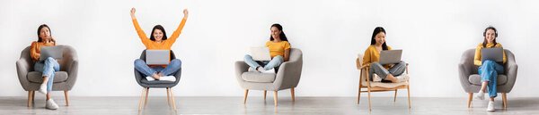 Internet Offer, Freelance. Collage With Thoughtful And Happy Diverse Ladies Using Laptops Computers Spending Time Online Sitting In Armchairs Indoor, Working And Studying At Home. Panorama