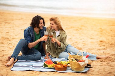 Mutlu, genç, romantik bir çift, şarap içiyor ve dışarıda pikniğin tadını çıkarıyor, Milenyum erkeği ve kadını Sandy Beach 'te battaniyede oturuyor, bardakları tokuşturuyor, dışarıda randevularını paylaşıyor, uzay kopyalıyor.
