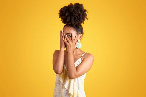 Frightened Shocked Young Black Lady Dress Covering Face Hands Isolated — Stock Photo, Image