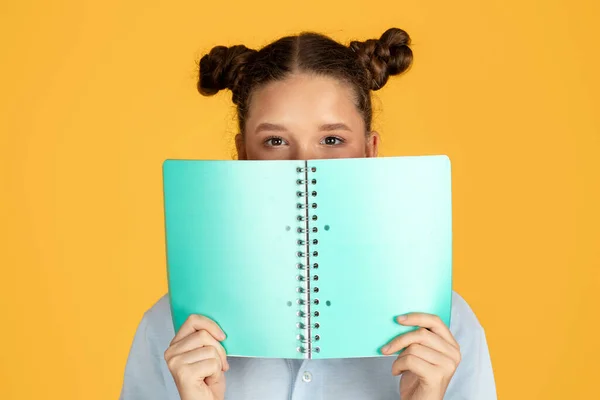 Usmívající Mladá Evropská Chytrá Dívka Pokrývá Tvář Knihou Připravte Test — Stock fotografie