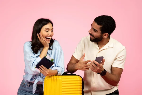Happy Cheerful Young Multicultural Couple Travellers Going Vacation Together Carrying — Stock Photo, Image