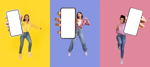 Mutlu Çok Irklı Kadın Ellerinde Akıllı Telefonlar Boş Ekranlar Renkli — Stok fotoğraf