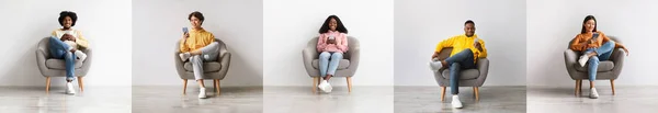 Мобільна Пропозиція Щасливі Різноманітні Молоді Чоловіки Жінки Використовують Смартфони Розслабляються — стокове фото