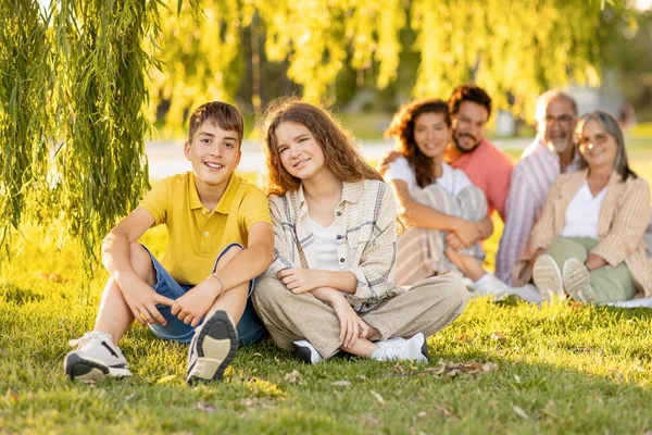 Glada Kaukasiska Tonåring Pojke Och Flicka Koppla Med Föräldrar Och — Stockfoto
