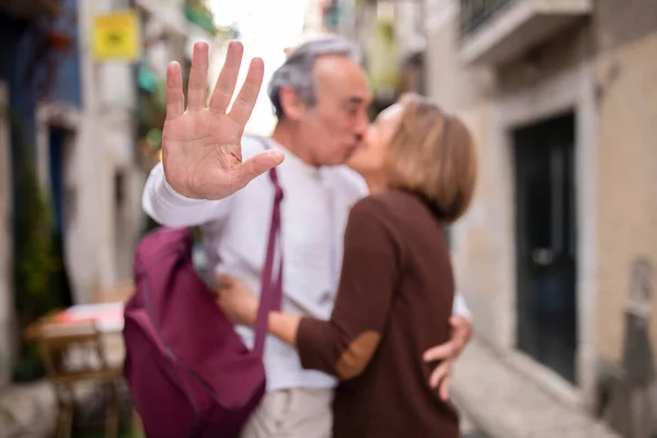 Dont Disturb Loving Senior Couple Kissing Gesturing Stop Camera Enjoying — Stock Photo, Image