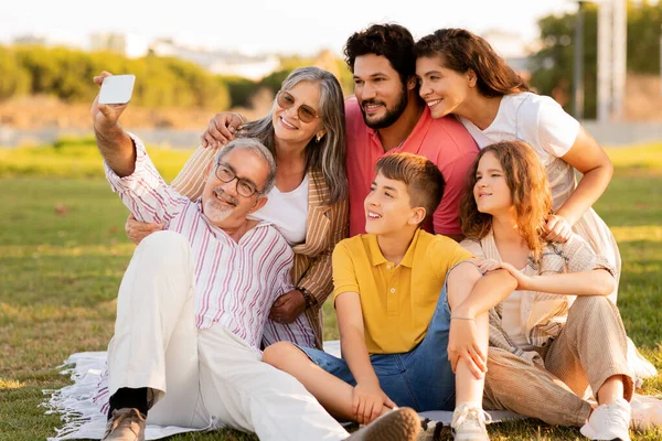 Positive caucasian multi-generation people rest, enjoy picnic in park, take selfie on smartphone. App for photo, device for holiday meeting together outdoor, summer vacation, family relationship