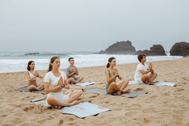 Huzurlu genç erkekler ve kadınlar plajda birlikte meditasyon yapıyorlar, lotus pozisyonunda gözleri kapalı yoga yapıyorlar, paspaslarda oturuyorlar ve farklı asana egzersizleri yapıyorlar, serbest alan.