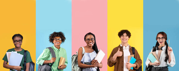 Diverse group of cheerful multiracial stylish young men and women students carrying backpacks books and notepads posing colorful background, collage. School, college, university, education