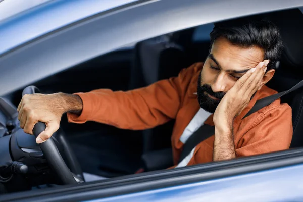 Driving Exhaustion Problem Tired Sleepy Arabic Driver Man Sleeping Sitting — Stock Photo, Image
