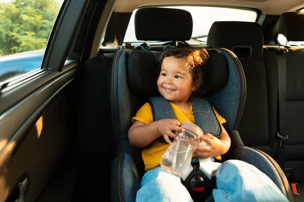 Adorable Asian Baby Girl Enjoying Car Trip Sitting Vehicle Seat — Stock Photo, Image