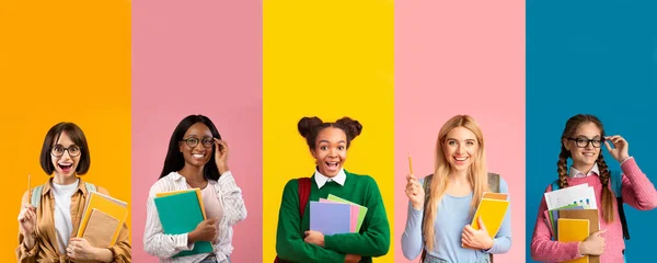 Международная Группа Счастливых Студентов Довольно Стильные Молодые Женщины Рюкзаками Позирующие — стоковое фото