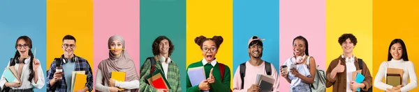 不同类型的可爱时尚的多种族青少年男女们摆出五彩缤纷的背景 背着背包和笔记本 拼凑在一起接受教育和享受学生生活的理念 — 图库照片