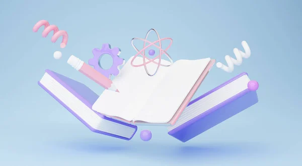 stock image Composite Image Of Opened Educational Book And Pencil For Notes Among Spirals And Atom Molecule Icons On Blue Background. Chemistry Science, School Advertisement Banner. Collage, Panorama