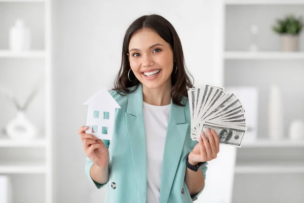 Smiling Millennial Caucasian Lady Manager Suit Hold Lot Dollars Cash — Stock Photo, Image