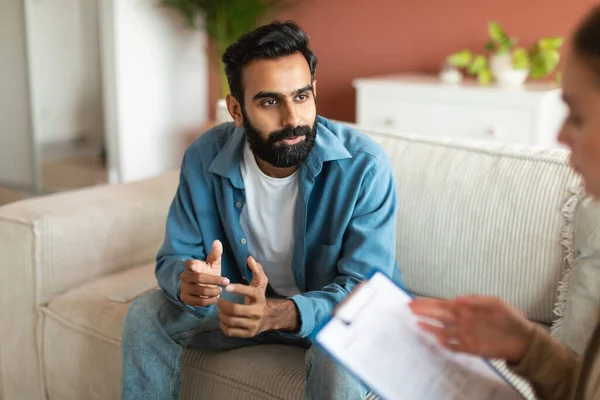 Young Indian Man Consulting Professional Psychologist Having Psychotherapy Appointment Sitting — Stock Photo, Image