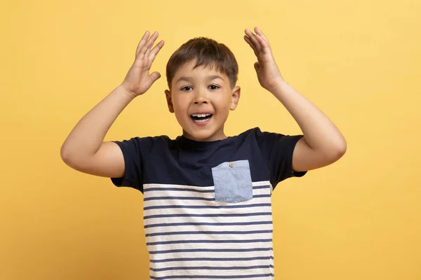 Emocional Menino Idade Escola Feliz Roupa Casual Levantando Mãos Sorrindo — Fotografia de Stock