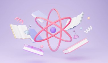 Atom Molekül Mor Arkaplan Üzerine Atom Molekül Model Eğitim Kitapları, Kimyasal Şişeler ve Simgeler. Kimya Bilimi Dersleri için Okul Reklam Pankartı. Panorama