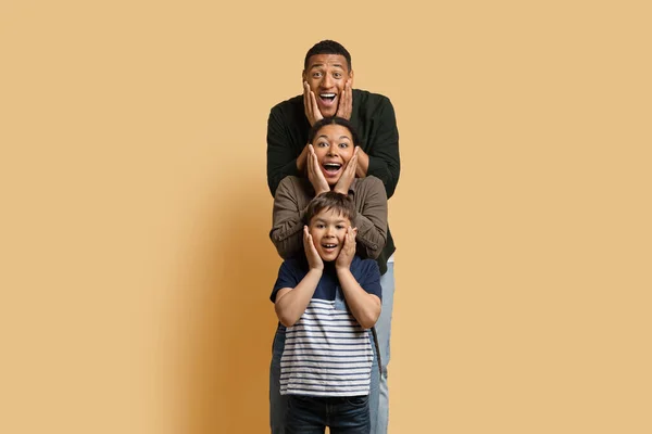 Amazing family offer, summer deal. Surprised emotional black family father, mother and preteen kid son standing in vertical line, grimacing and gesturing on beige background, copy space