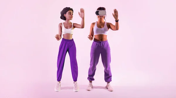 メタバース探査 3Dアバターキャラクターで仮想ゲームの世界を探求する黒人女性 ゲームのための未来的なVrヘッドセットを使用して ピンクの背景に没入型技術と対話 パノラマ — ストック写真