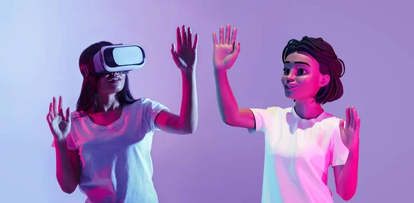 Exploração Espaço Cibernético Lady Óculos Explorando Metaverso Com Avatar Virtual — Fotografia de Stock