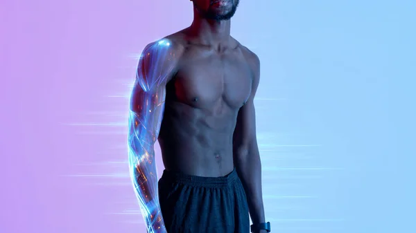 Cropped View Handsome Young Black Sportsman Naked Torso Posing Neon — Stock Photo, Image