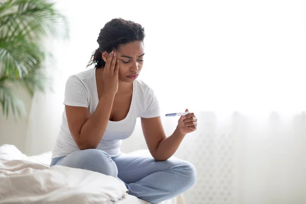 Unhappy Sad Young African American Woman Pregnancy Test Hand Sitting — Stock Photo, Image