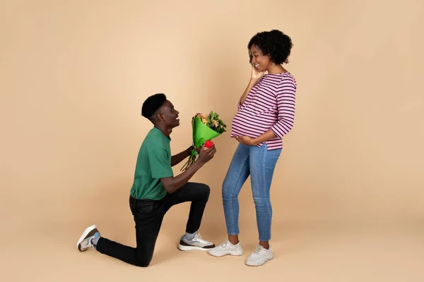 Cheerful Young Black Man Kneeling Gives Bouquet Lady Big Belly — Stock Photo, Image