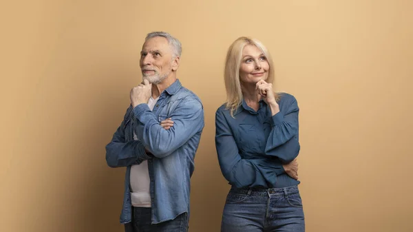 Pensive curious excited attractive elderly man and woman looking at copy space and touching their faces chins, thinking about exciting interesting deal, isolated on beige background, panorama