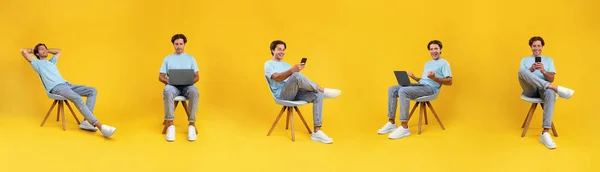 Collage Con Hombre Europeo Que Utiliza Ordenador Portátil Teléfono Celular — Foto de Stock