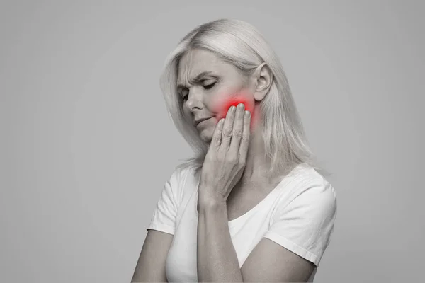 Teeth Problem Mature Woman Suffering Acute Toothache Massaging Aching Red — Stock Photo, Image
