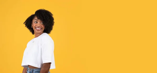 Blij Dat Mooie Jonge Zwarte Krullende Dame Wit Shirt Terugkijkt — Stockfoto
