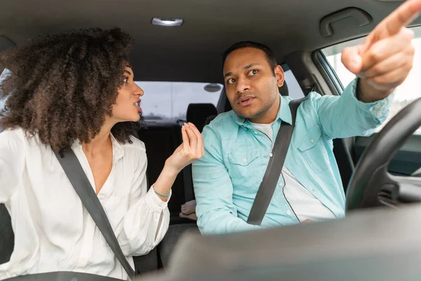 Car Trip Conflicts Displeased Middle Eastern Couple Engaging Quarrel Auto — Stock Photo, Image