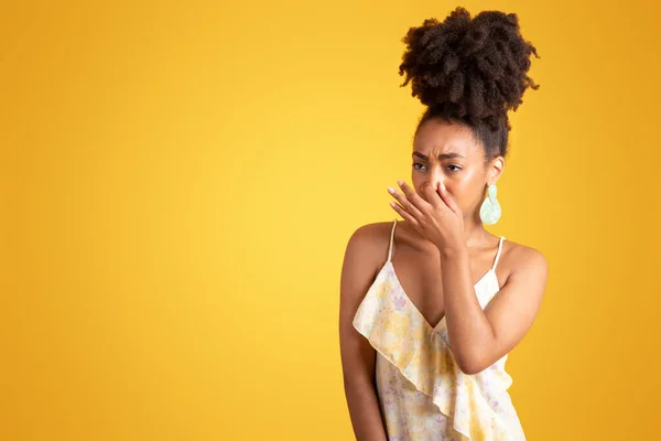 Sad Millennial Black Lady Dress Covers Nose Hand Feels Bad — Stock Photo, Image