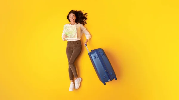Wanderlust Dreams Happy Traveler Woman Blue Suitcase Paper Map Planning — Stock Photo, Image