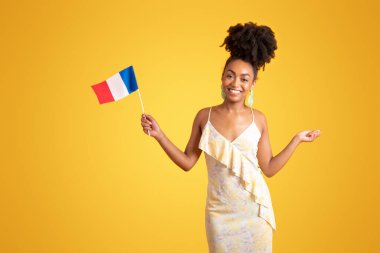Milenyum güzeli siyah bayan öğrenci turuncu arka planda, stüdyoda izole edilmiş Fransa bayrağı gösteriyor. Ad ve teklif, Fransızca öğrenme, değişim, tatil, seyahat ve turizm