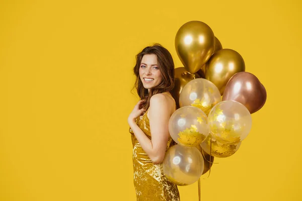 Charmante Vrolijke Dame Elegante Jurk Met Luchtballonnen Met Verjaardagsfeest Gele — Stockfoto
