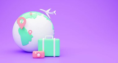 Konum yeri seyahat yeri, uçak, çanta ve kamera, renkli 3D kolaj, yaz sezonu için mor arka planda izole edilmiş, fotokopi alanı olan panorama